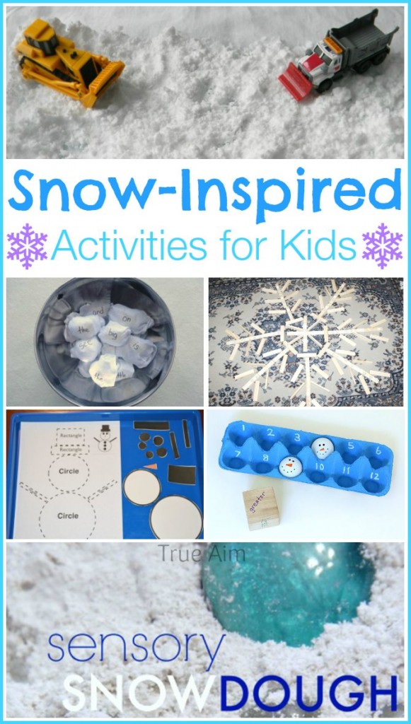 Snow themed activities for kids including snow dough, snowman math toss, sight word snowball toss and more!