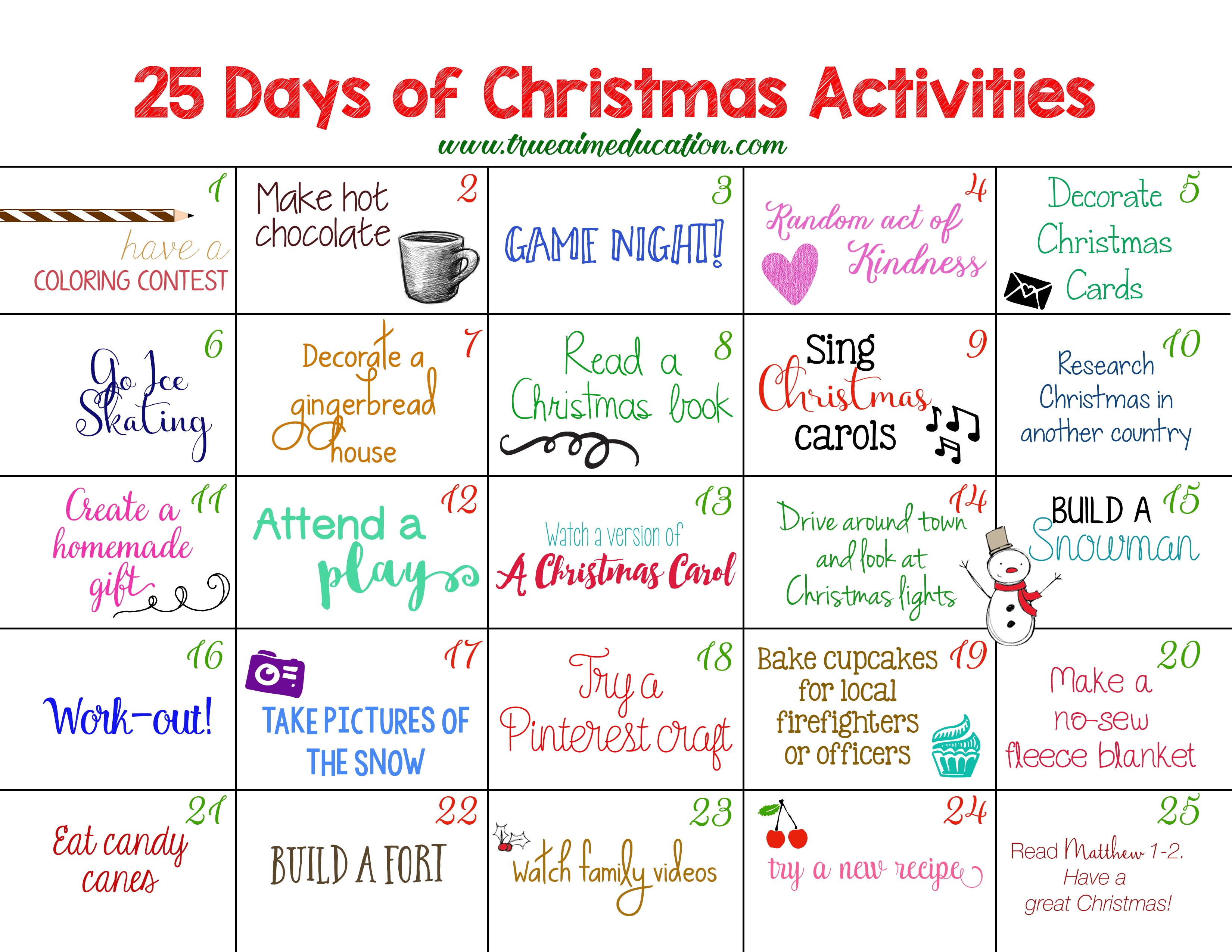 advent calendar tasks in english for children for christmas