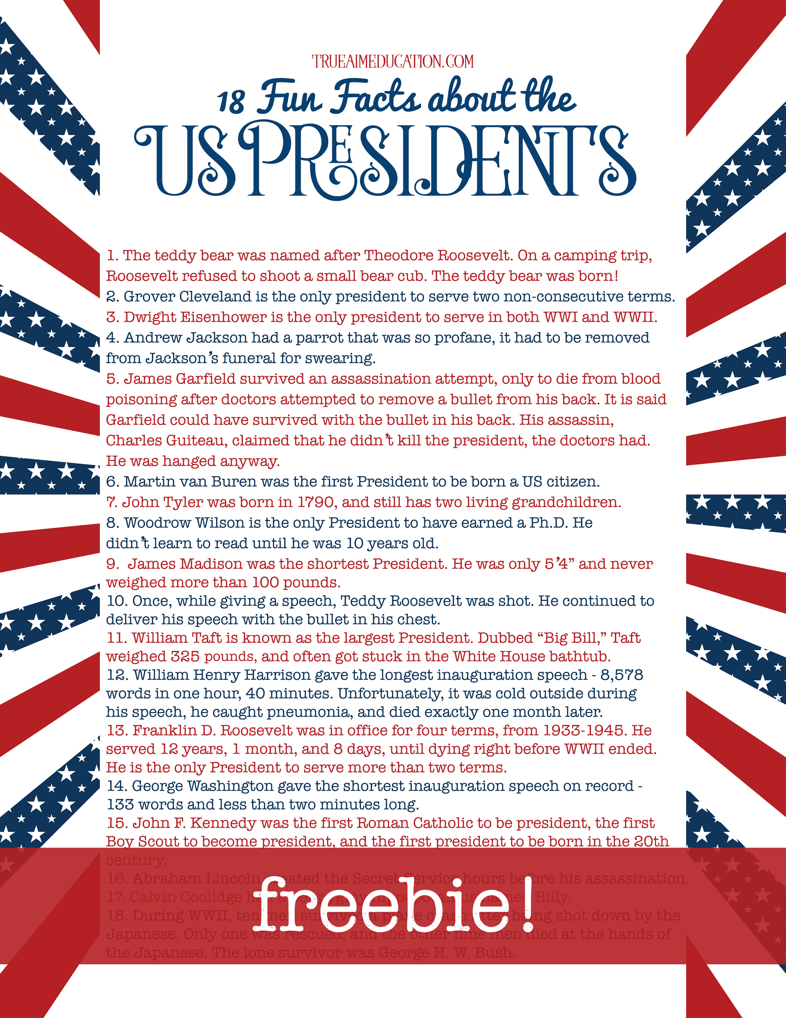 List of Presidents Freebie, with 18 Fun Facts about the Presidents for homeschool or classroom study.
